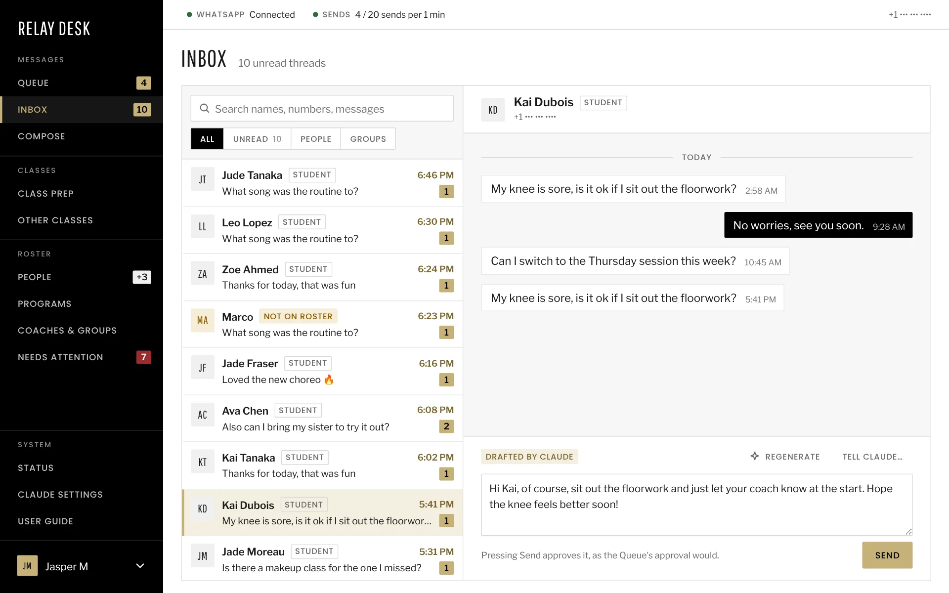 The Relay Desk Inbox: a list of student threads with unread counts, one open.